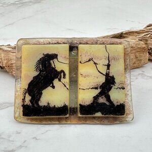 Vintage Early Plastic Horse & Cowboy Brooch With Silhouette Design